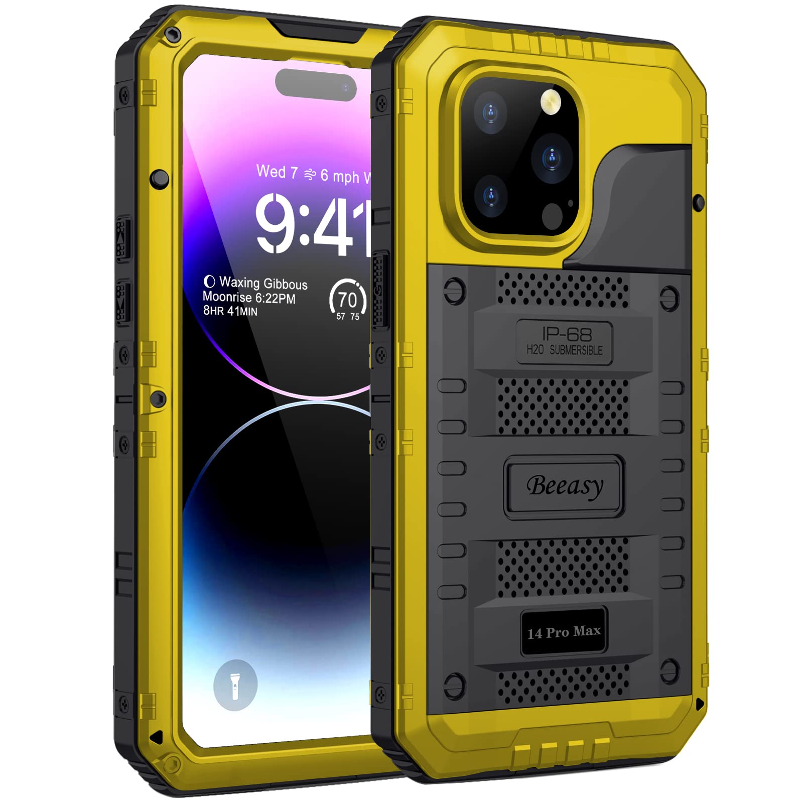 Beeasy for iPhone 14 Pro Max Case Waterproof Heavy Duty Shockproof Tough Metal Armour Cover Dustproof Built-in Screen Protector, 360 Full Body Military Protective Rugged Case for 14 Pro Max Yellow