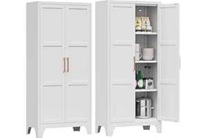 KOOYON Pantry Cabinet,Kitchen Pantry Storage Cabinet with Doors and Adjustable Shelves,White Metal Kitchen Pantry Cabinet,Food Pantry Cabinet for Kitchen, Living Room and Dinning - Assembly Required/White