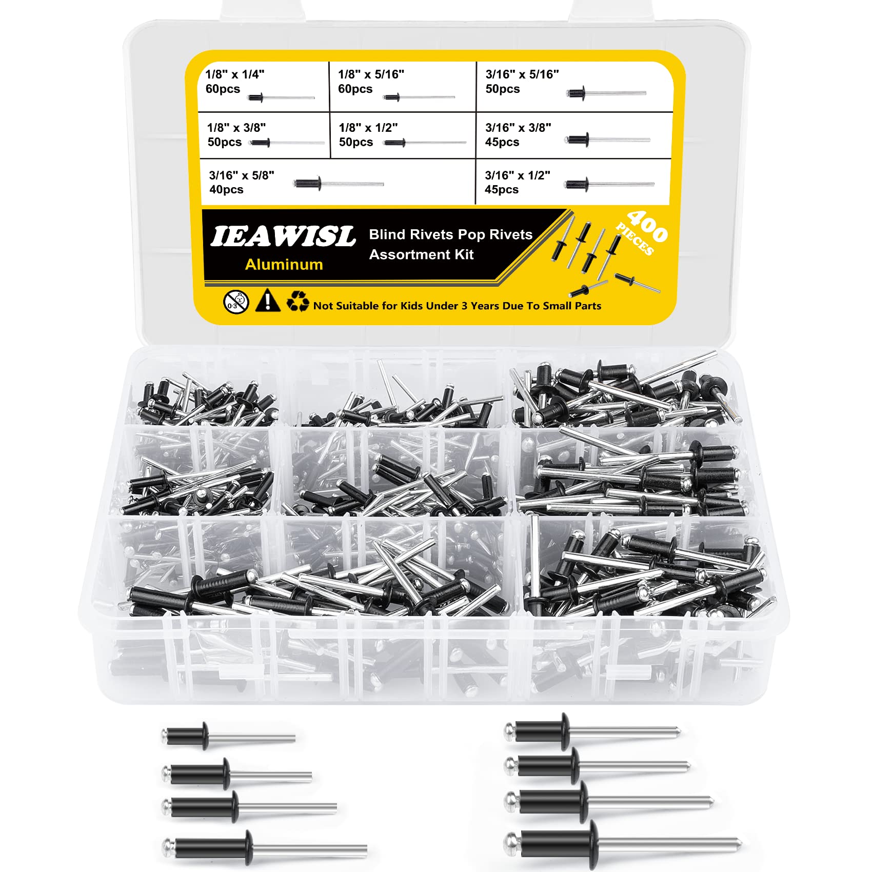 400PCS Black Pop Rivets Set, Aluminium Blind Rivets Assortment Kit with 8 Sizes (1/8" & 3/16"), Durable Dome Head Fasteners for DIY Repairs, Automotive & Furniture, Organiser Case Included — image 1