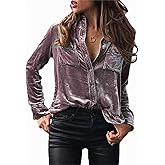 Melliflo Vintage Velvet Tops for Women Elegant Long Sleeve Button Down Shirts Velvet Blouses with Pockets
