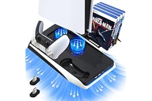 HONGHAO Black PS5 Stand with Cooling Fan and Dual Controller Charger Station, Charging Dock Holder PS5 Accessories Vertical Digital Stand Base for Playstation 5 Console/Disc/Digital Editions