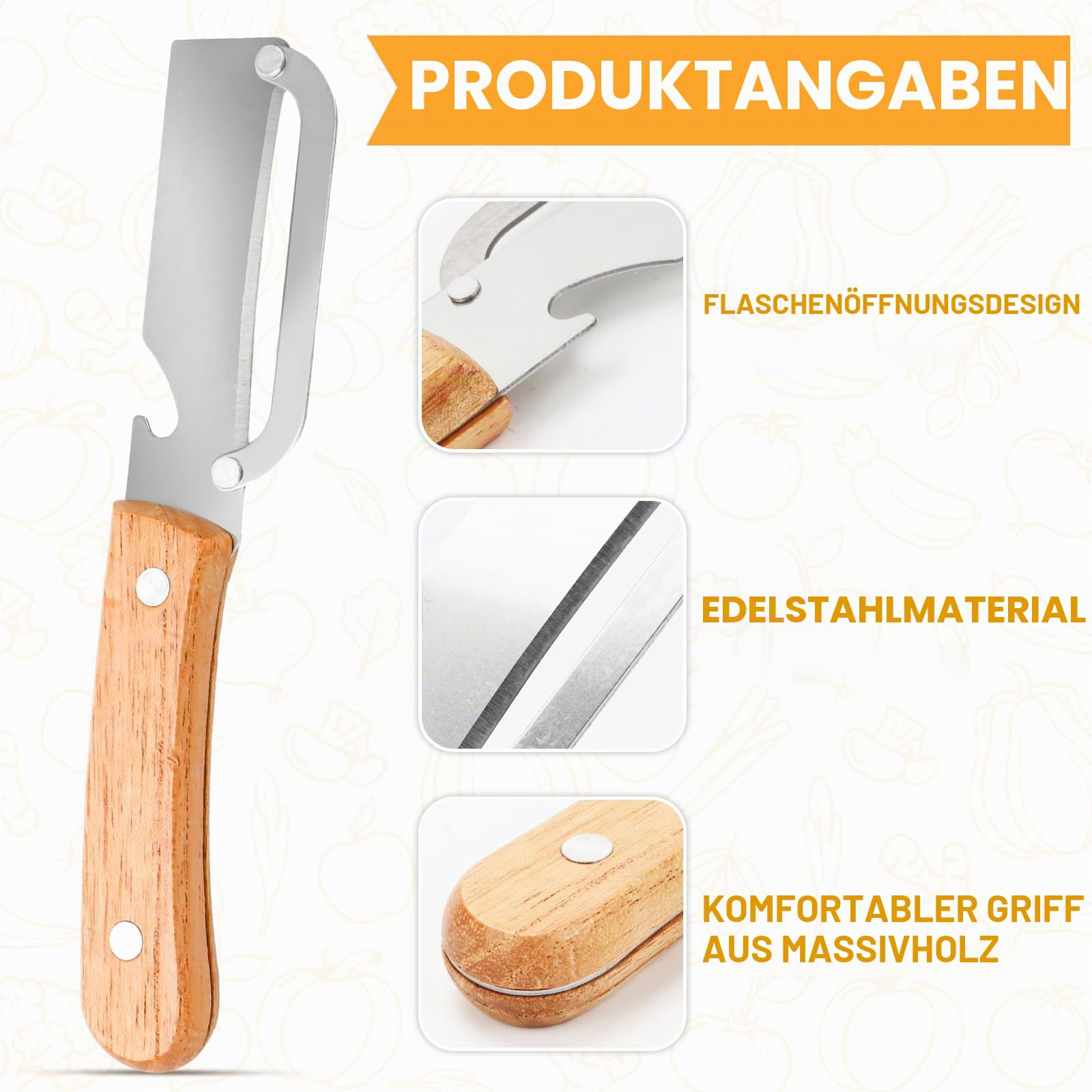 2 Stück Küchen Schäler, Hochwertiger GemüSeschäLer Mit Holzgriff Und FlaschenöFfner: 2-In-1-Küchenwerkzeug Aus Edelstahl, Geeignet FüR Obst, äPfel, Kartoffeln, KüRbis Und Papaya 3