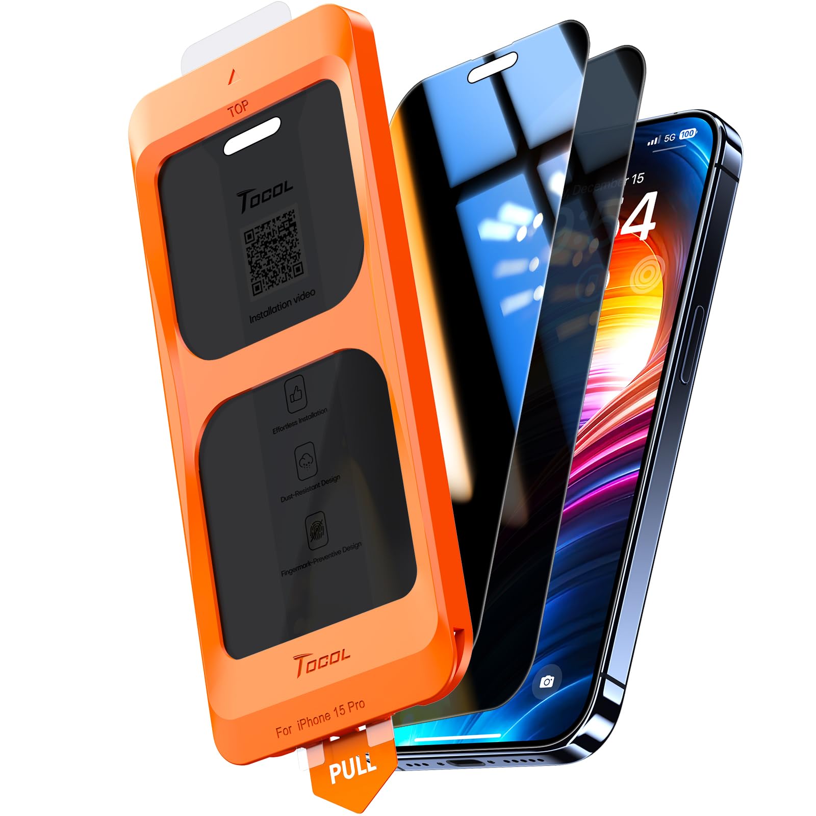TOCOL 2 Pack for iPhone 15 Pro Privacy Screen Protector 6.1-Inch, True 25°Anti Spy, Instant Installation, 16FT Military Grade Shatterproof, Tempered Glass, Case Friendly, Full Coverage Protection — image 1