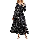 Olaesa Women's Floral Boho Maxi Dress Long Sleeve V Neck 2025 Spring Ruffle A-Line Split Swing Long Dress with Pockets