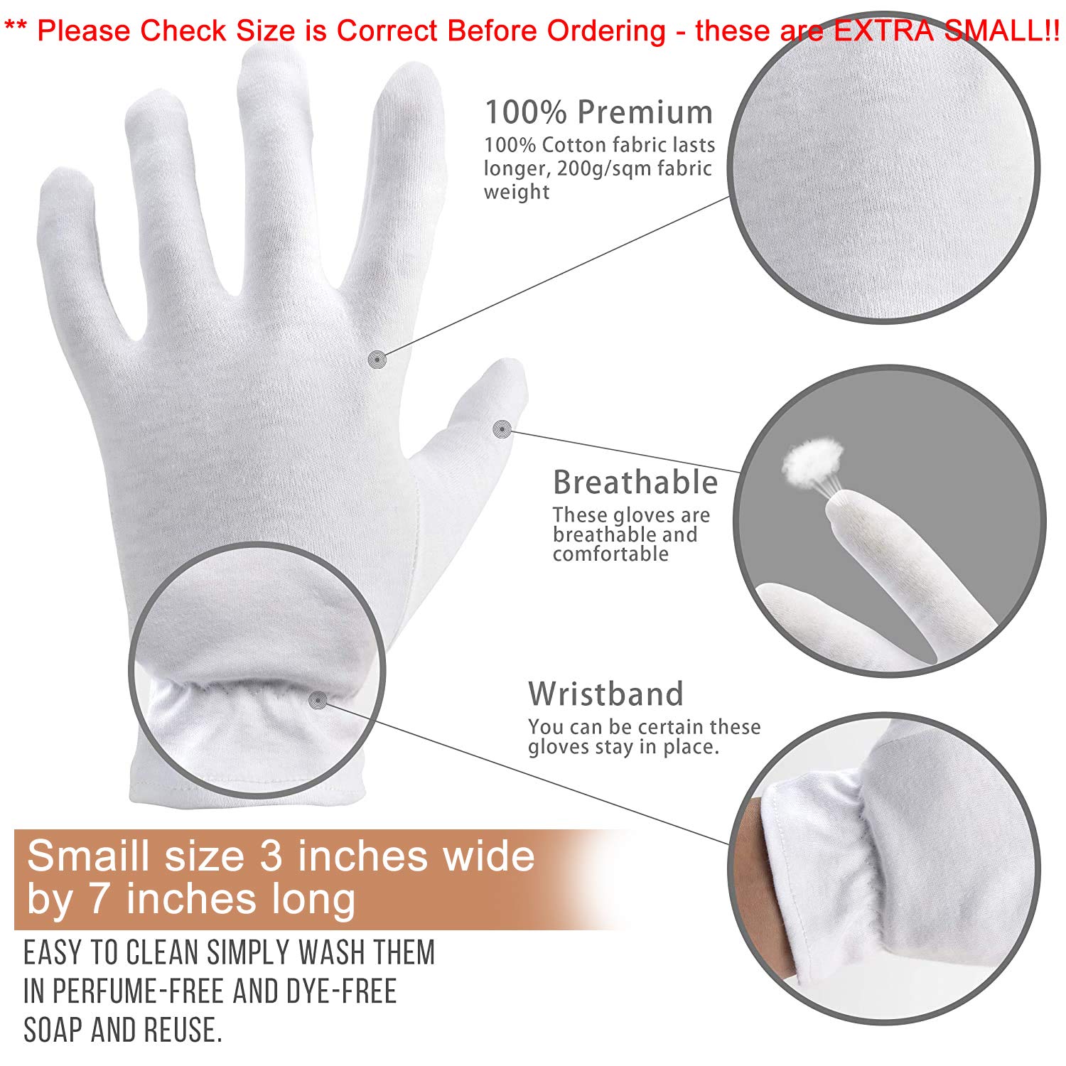 Extra Small (Please check size before Ordering) Moisturizing Gloves OverNight Bedtime Cotton | Cosmetic Inspection Premium Cloth Quality | Eczema Dry Sensitive Irritated Skin Spa Therapy Wristband : Beauty