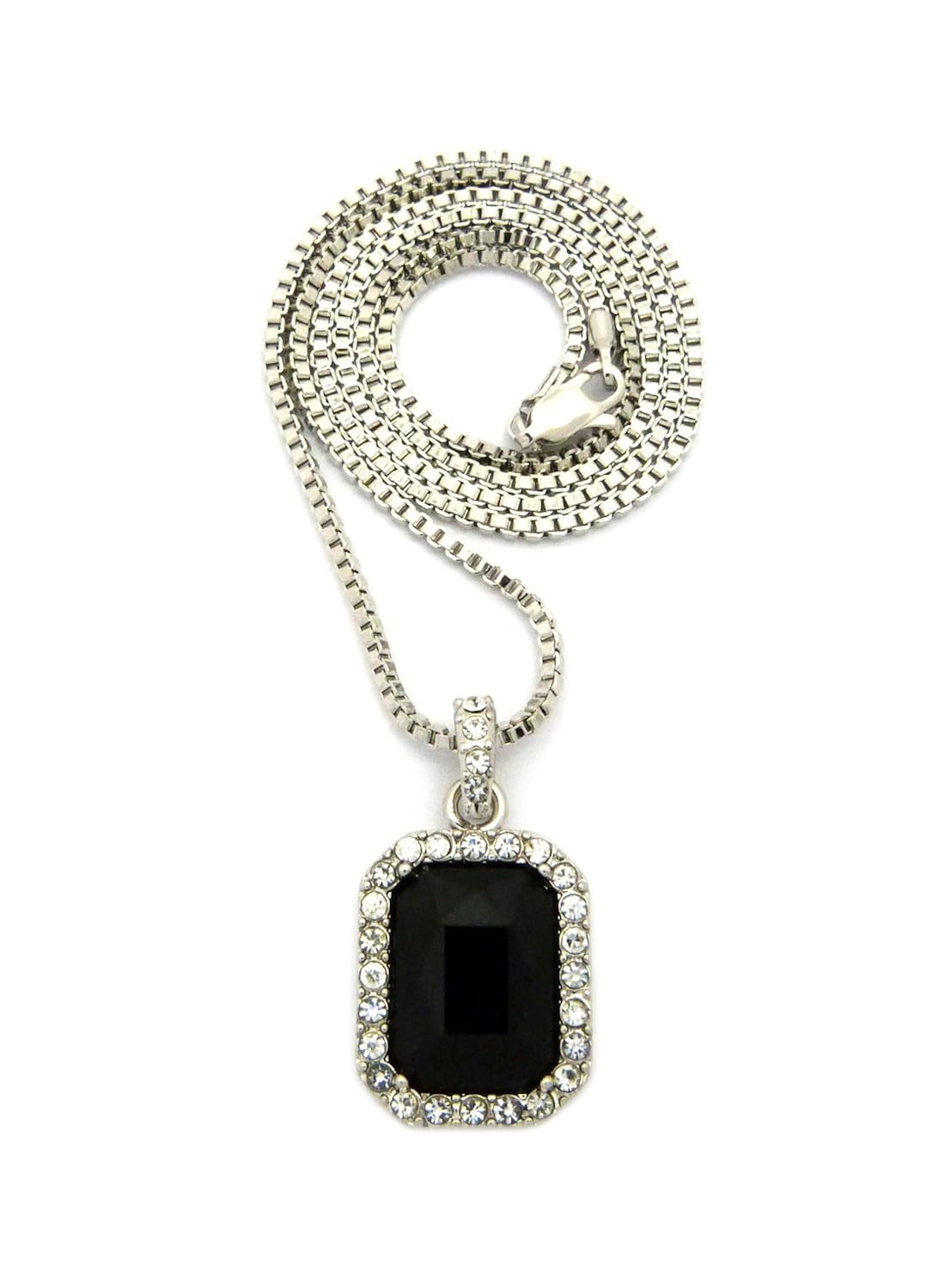 Rectangular Faux Onyx Stone Pendant W 2mm 24 Box Chain Necklace In Silver Tone