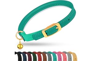 OOPSDOGGY Rolled Leather Cat Collar with Bell - Reflective Kitten Collar with Safety Elastic Strap - Adjustable Small Pet Collars for Boy Girl Cats (Teal)