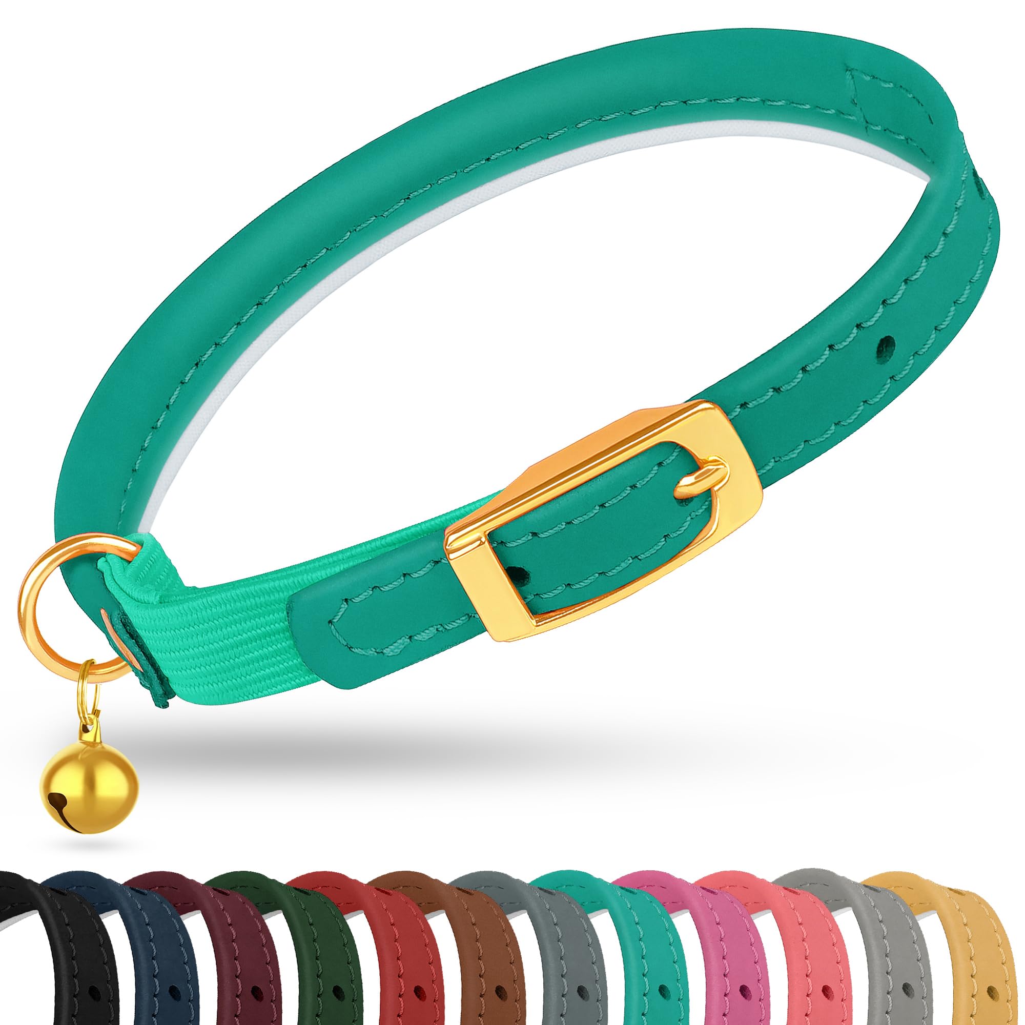 OOPSDOGGY Rolled Leather Cat Collar with Bell - Reflective Kitten Collar with Safety Elastic Strap - Adjustable Small Pet Collars for Boy Girl Cats (Teal)