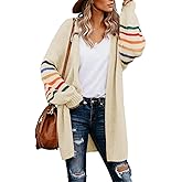 Dokotoo Women's Long Open Front Cardigans Striped Color Block Loose Knit Sweaters Outwear Coat