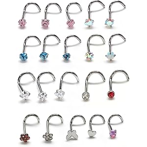 LongMiss 20Pcs Nose Rings Studs Set for Women Men - Hypoallergenic Gold/Silver 316L Surgical Stainless Steel Nose Studs L Sha