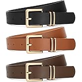 SANSTHS 3 PACK Women Leather Belts for Jeans Pants Dresses Fashion Ladies Waist Belt with Gold Square Buckle