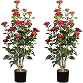 Romantic Season 2Pack Artificial Camellia Tree, 3FT, Red Faux Camellia Plant, Fake Potted Flower Tree for Modern Homes