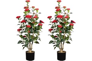 Romantic Season 2Pack Artificial Camellia Tree, 3FT, Red Faux Camellia Plant, Fake Potted Flower Tree for Modern Homes