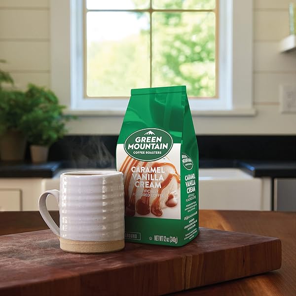 GREEN MOUNTAIN COFFEE ROASTERS, CARAMEL VANILLA CREAM, GROUND FLAVORED COFFEE, LIGHT ROAST, BAGGED 12OZ.