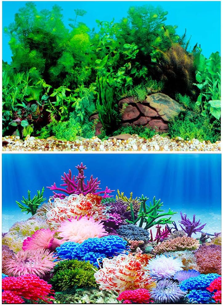 Amakunft 15.7" H x 24.4" W Aquarium Background Sticker, Double Sides Wallpaper Fish Tank Backdrop Water Plants & Coral Reef Poster