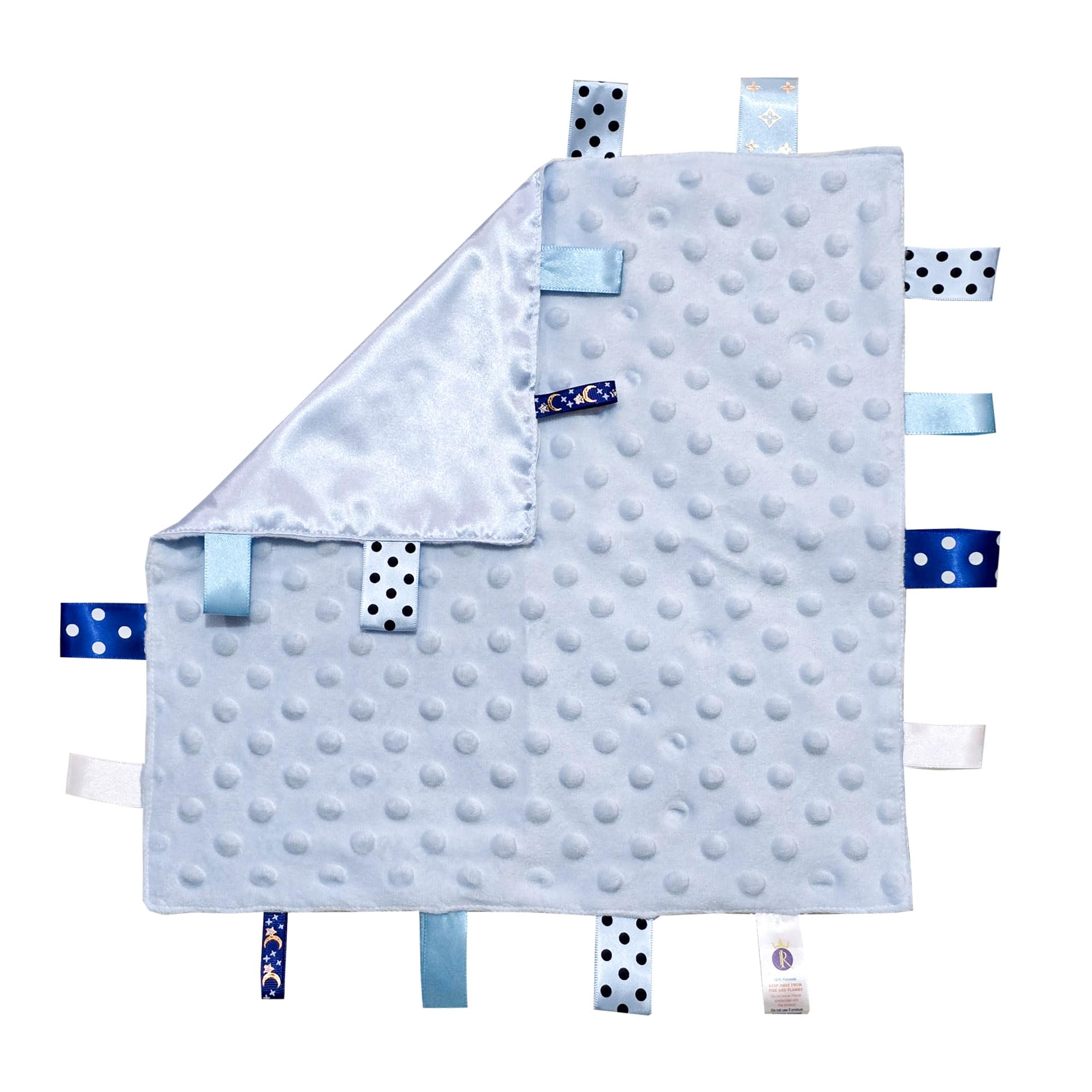 Royal Icon Baby Comforters tag blanket – Ultra Soft and Unique Design Taggies for Babies – Hypoallergenic Baby Taggy Blanket for Newborn Toddlers Boys and Girls 35x35 Cm (Blue - Ri15)