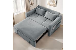 YITAHOME 55" Convertible Sofa Bed, 3-in-1 Sleeper Sofa with Pull-Out Bed, Velvet Futon Couch with Reclining Backrest and Side Pocket, Modern Loveseat for Living Room, Grey, Full Size