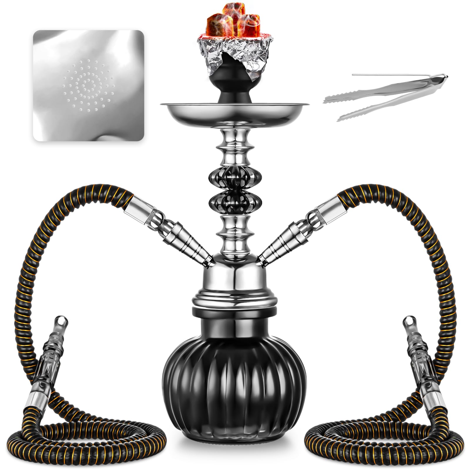 Photo 1 of 2 Hose Hookah Set With Everything - Mini Glass Pumpkin Shisha Vase, Hookah Foil (Black)