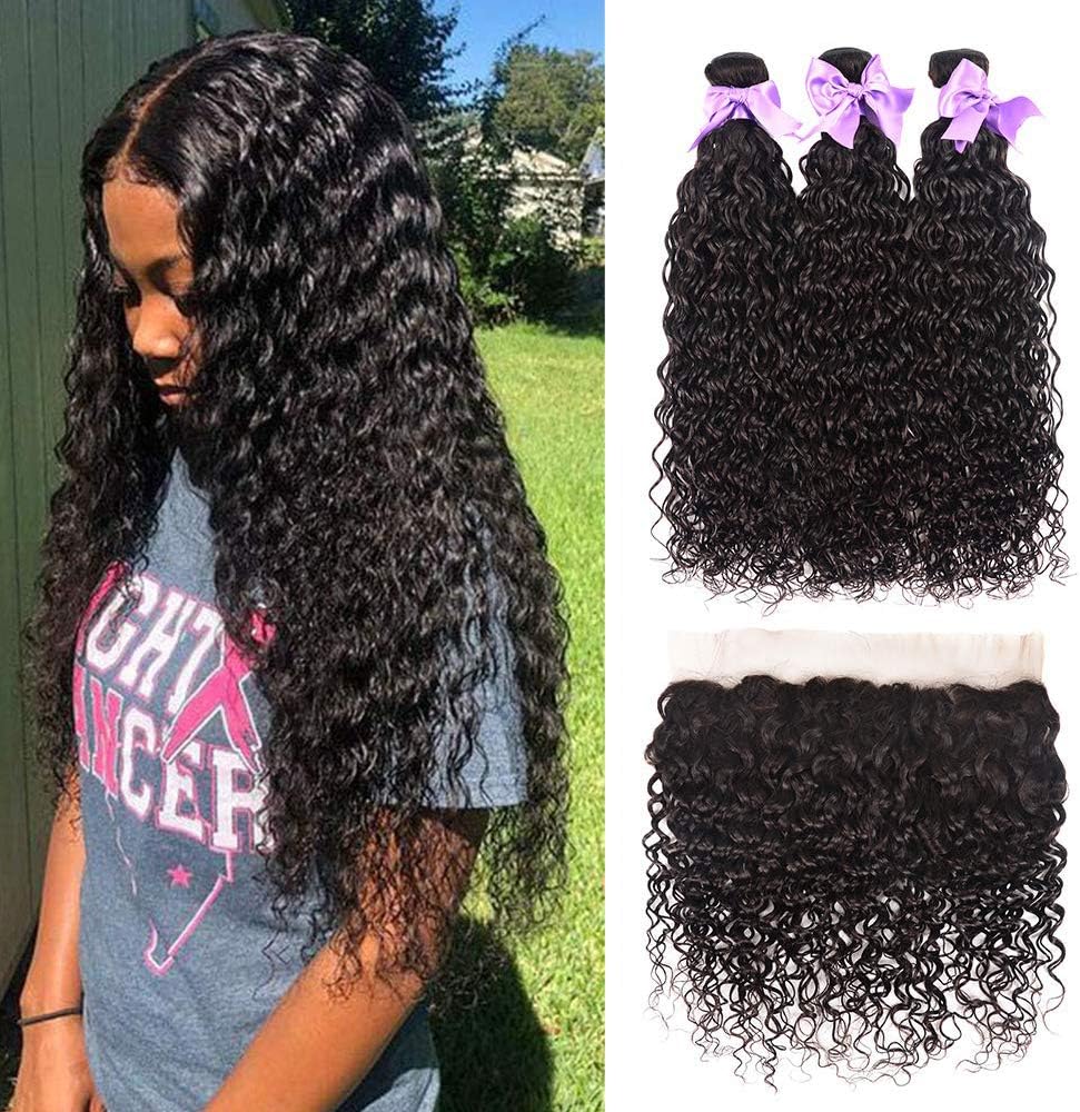 Brazilian Hair Water Wave 3 Bundles with Frontal 13x4 Free Part Lace Frontal 100% Virgin Human Hair Bundles Brazilian Hair Extensions Natural Black Color(14 16 18 + 12 frontal)