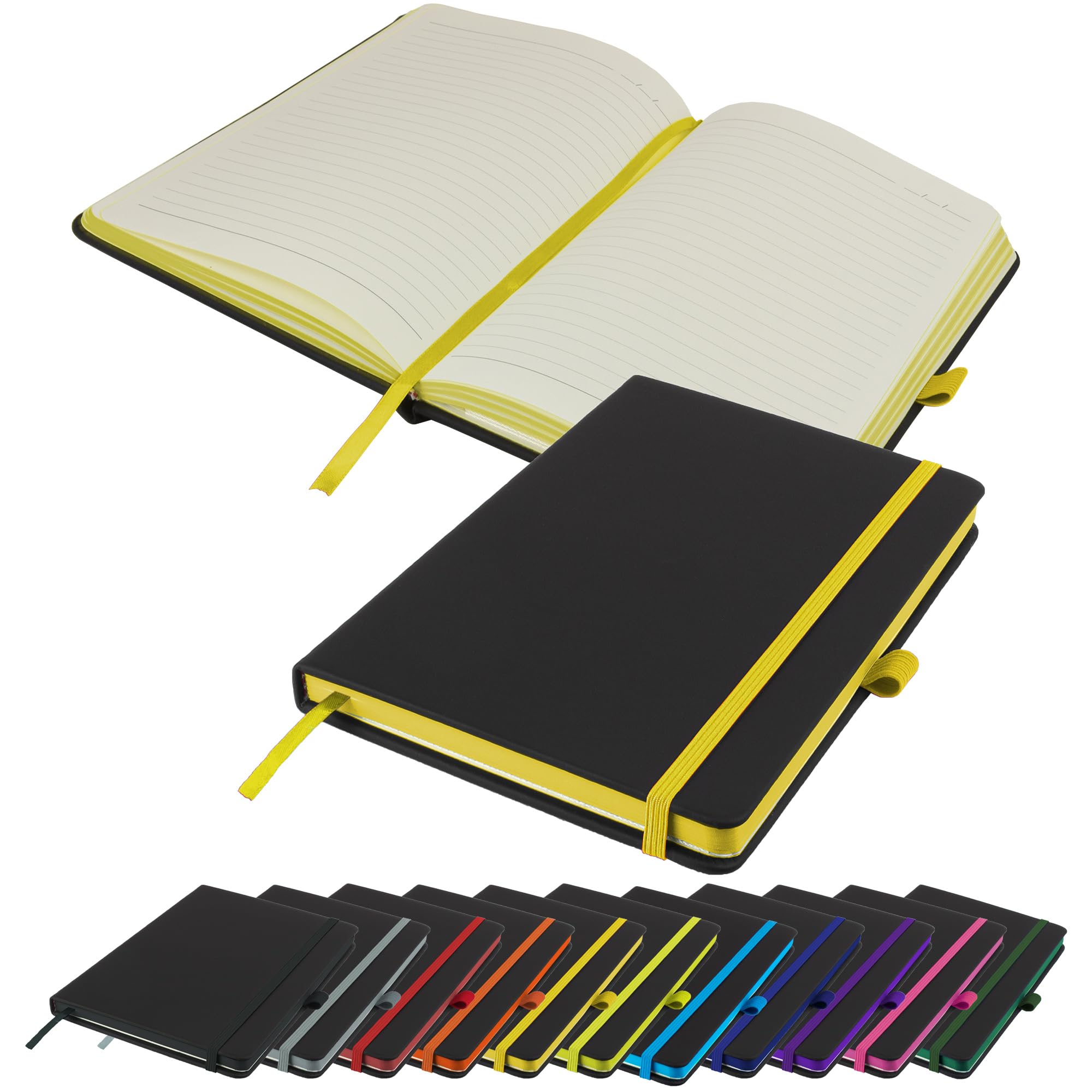 Savvy Bee Executive Contrasting paper edge A5 Notebook New Lined Hardback Journal with pen loop, elastic, ribbon, paper pocket & 196 pages Notepad Note Book Notes Diary Pad (Yellow)