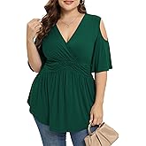 TIANZHU Plus Size Tops for Women Sexy Empire Waist Dressy Short Sleeve Shirts with Cold Shoulder Detail