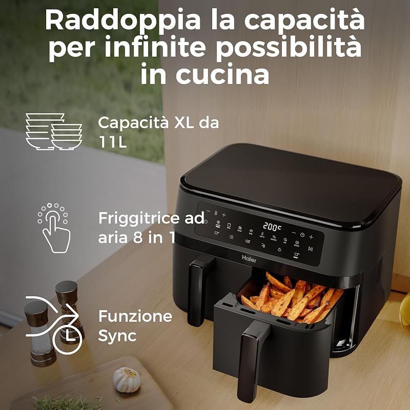 Friggitrice ad Aria Doppio Cassetto | 11L Capacità | 8 Funzioni