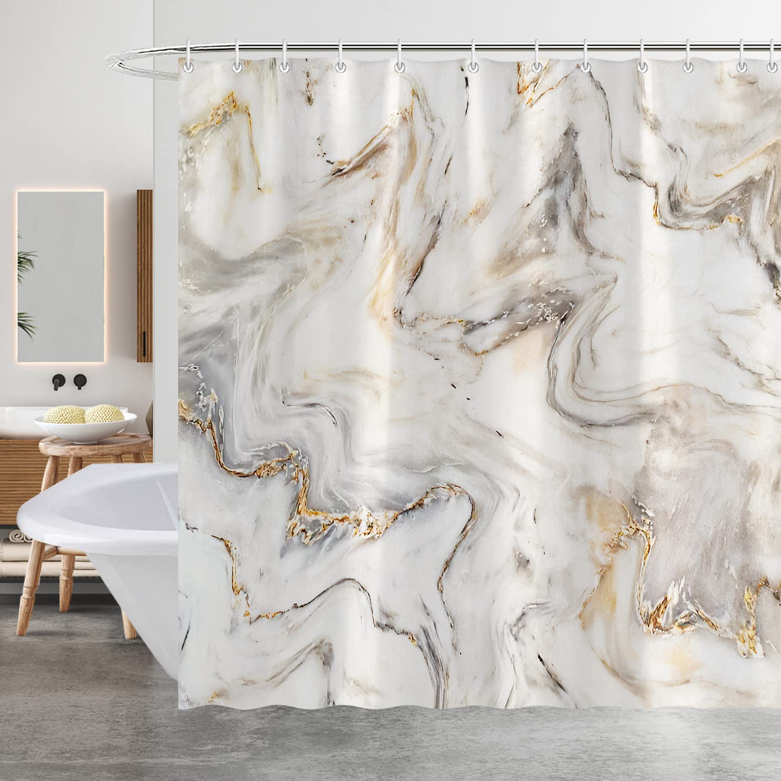 Minicoco Shower Curtain Mould Proof Mildew Resistant Bathroom Shower Curtains Waterproof Shower Curtain 100% Polyester Marble Shower Curtains with 12 Hooks, 180 x 180 cm (Marble) — image 1