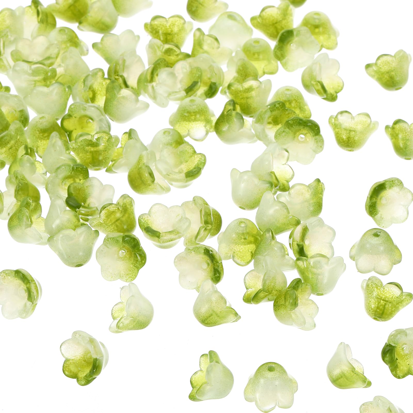 PATIKIL Glass Trumpet Flower Beads, 100 Pcs Gradient Flower Bead Charm for DIY Craft Decorations, Olive Green
