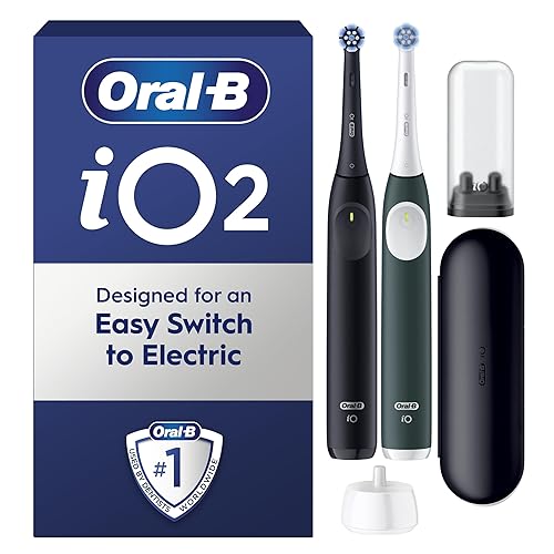 Oral-B iO2 Duo Electric Toothbrushes, 2 Gentle Care Toothbrush Heads, 1 Travel Case, 1 Travel Refill Holder, Toothbrush for Adults (Night Black and Forest Green), Designed by Braun, 2 Pin UK Plug