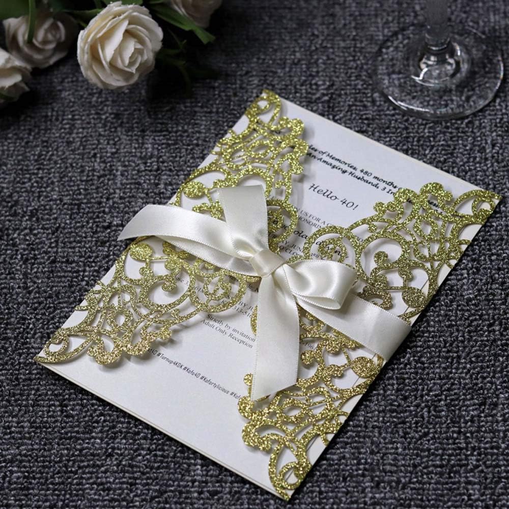 JOFANZA 5X7.2 Inch 50PCS Laser Cut Gold Glitter Blank Wedding Invitation Cards with Bowknot for Quinceanera Bridal Shower Birthday Anniversary Invitations - Image 3