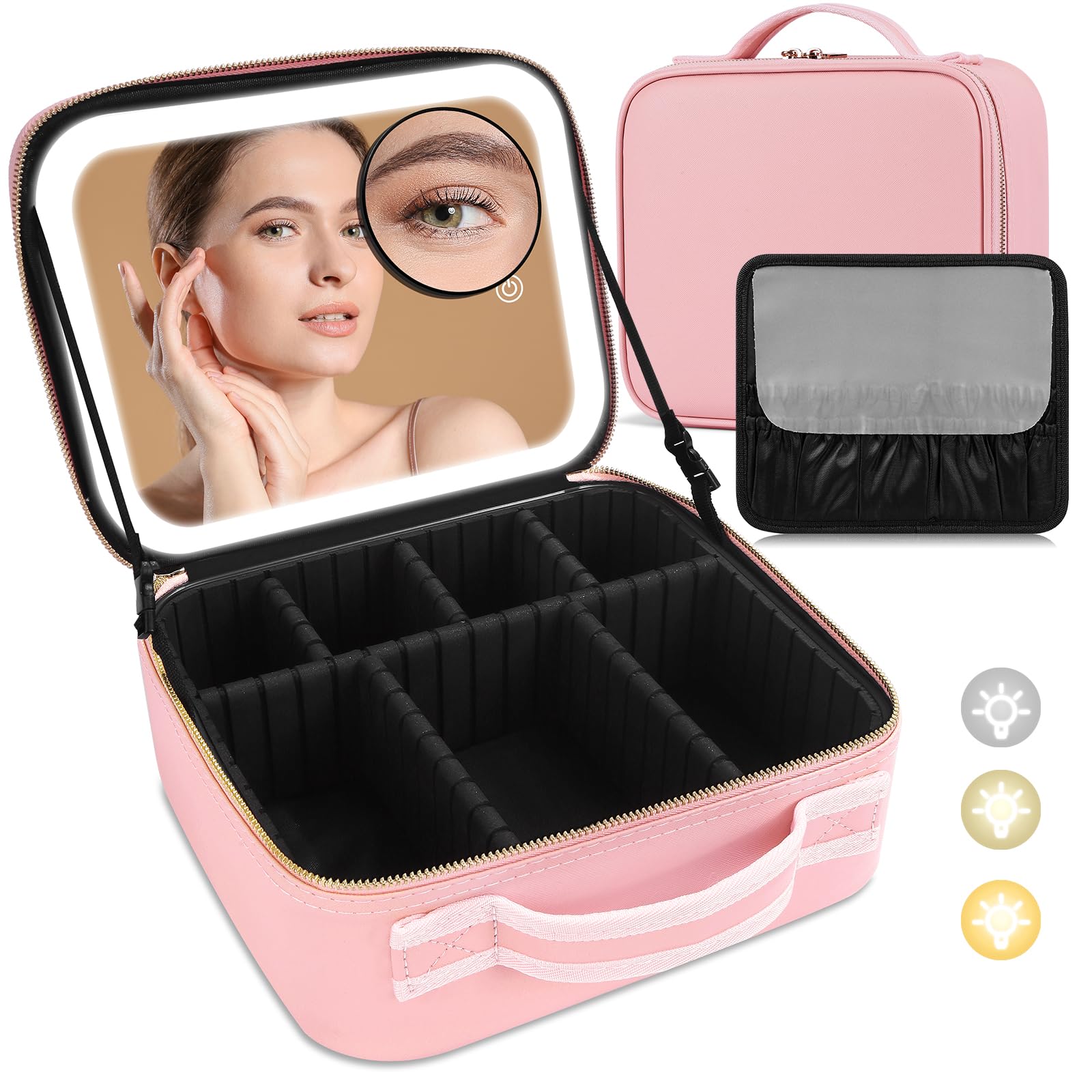 Travel Makeup Bag with LED Mirror,Travel Makeup Organizer,Makeup Case with Lighted 3 Color Setting,Waterproof Makeup Box with 10X Magnifying Mirror,Adjustable Dividers,Pink