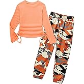 mksodop Girls Clothes Ruched Drawstring Short Sleeve Knit Top and Camo Print Pants 2 Piece Girls Outfits
