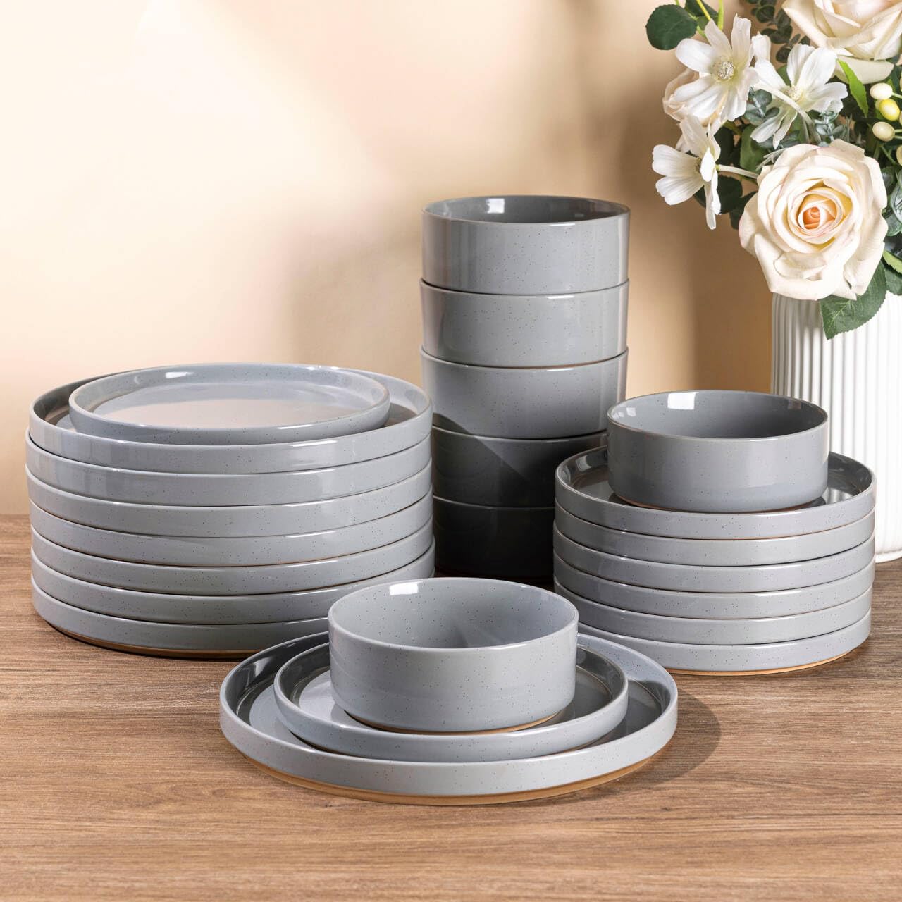 AmorArc Ceramic Dinnerware Set for 8 | Speckled Stoneware Plates and Bowls with Rustic Terracotta Underside| Scratch Resistant,Dishwasher & Microwave Safe Dishes Sets- 24pcs Gray Image