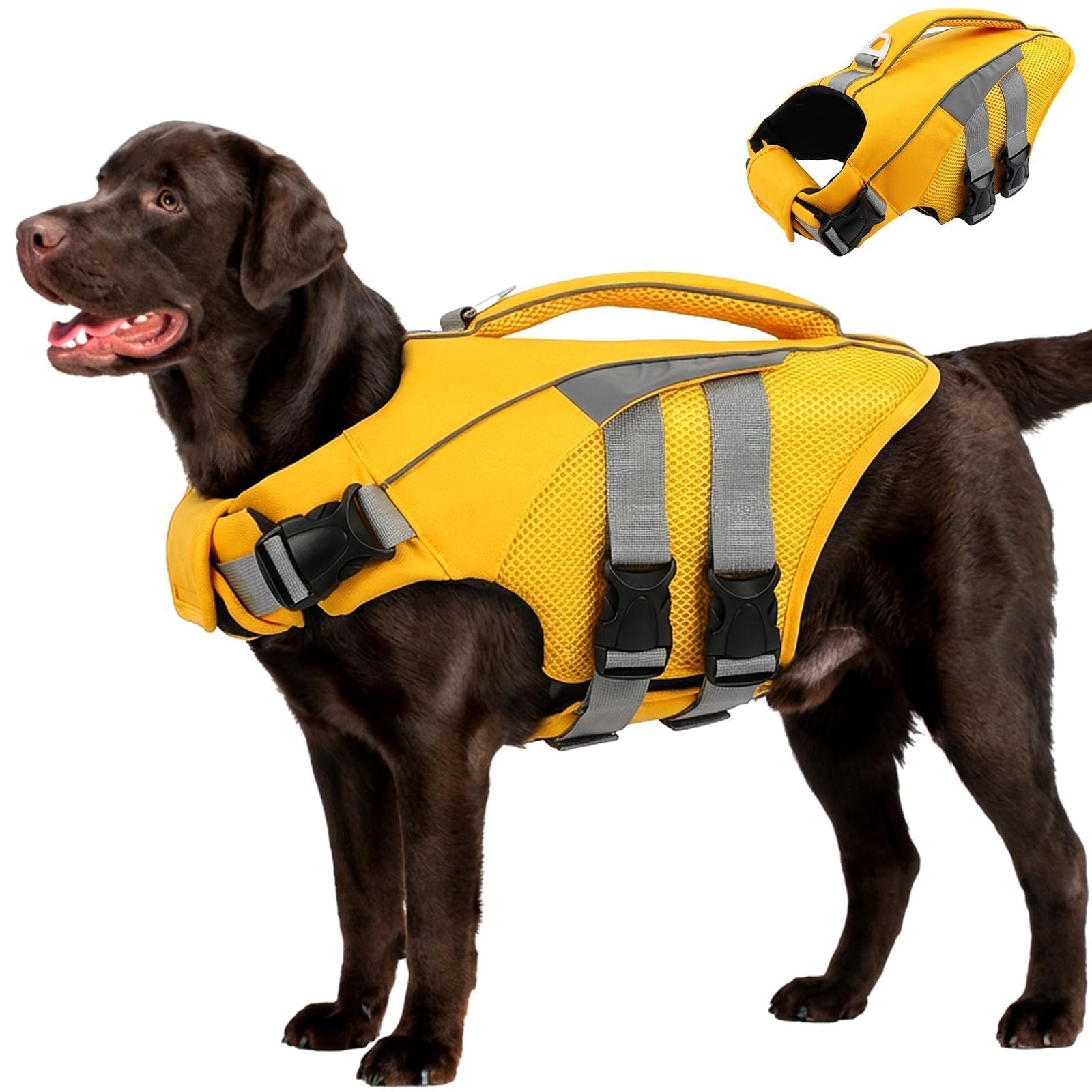 MIGOHI Dog Life Jacket, Reflective & Adjustable Preserver Floatation Vest with Rescue Handle, Ripstop Safety Life Saver for Small Medium Large Dogs, Yellow, XXL