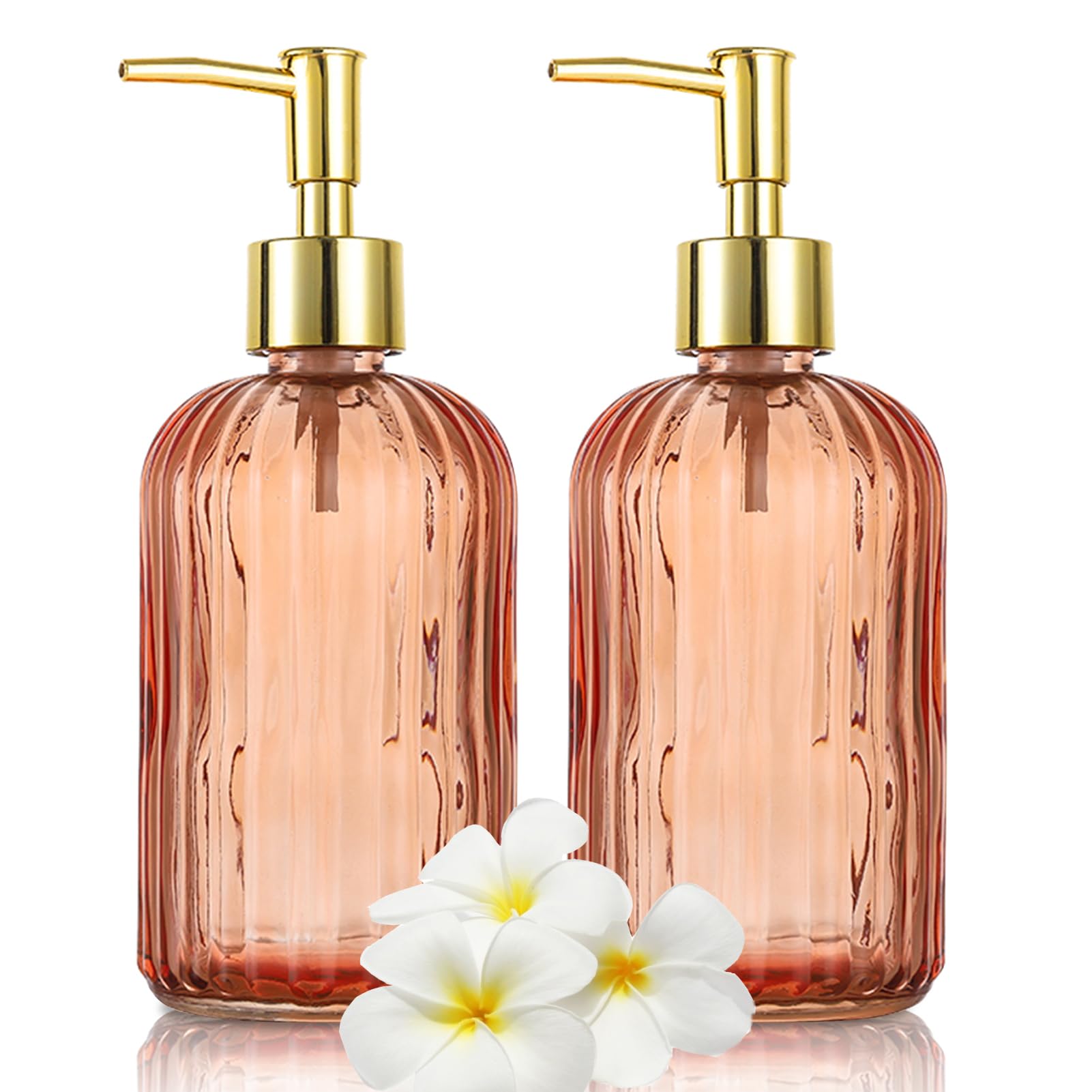 HIYAA Glass Soap, Versatile 14 Oz Dripless Pump Bottle, Refillable Liquid Hand Jar Dispenser for Bathroom, Countertop, Kitchen, Laundry Room (Amber, 2 Pack)