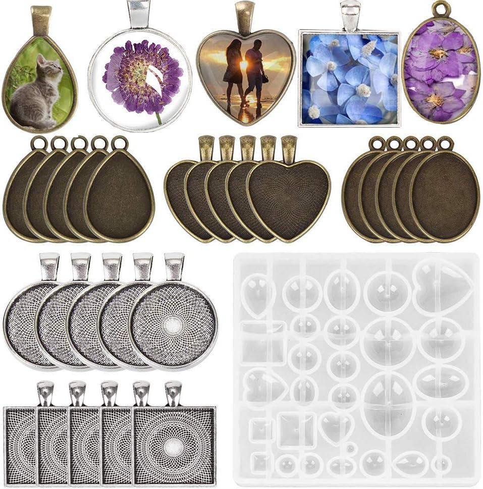 Velidy Silicone Molds for Resin Jewelry Making Kit Resin Molds Including Round, Square,Hexagon Silicone Molds for Concrete, DIY Coaster/Flower Pot/Ashtray/Pen Candle Holder (31pcs-Pendant Trays)