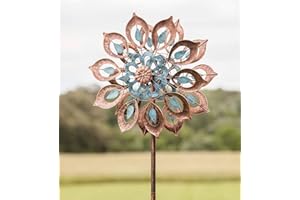 PLOW & HEARTH Mesmerizing Copper Lily Wind Spinner Dual-Tone | Petal-in-Petal Design | Independent Rotors | Brushed Copper & Antique Blue |All Seasons | 24" Wx75 H