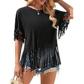 SOFIA'S CHOICE Fringe Tops for Women Summer Casual Loose Tassel Short Sleeve Oversized Tshirts
