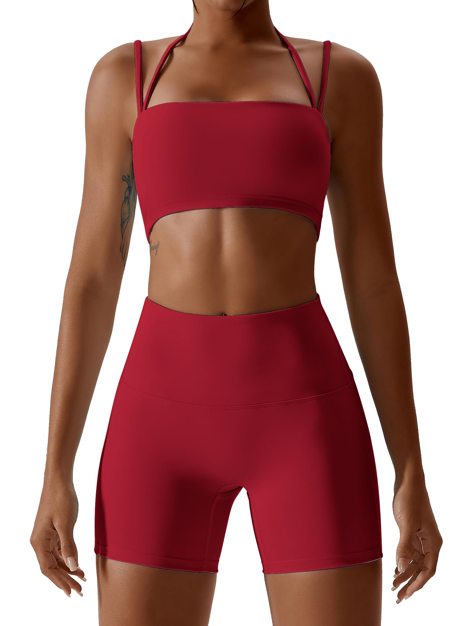 Photo 1 of ABOCIW Workout Sets for Women Halter Bandeau Sport Bra High Waist Booty Shorts 2 Piece Gym Set Fitness Yoga Outfits Z-Cherry Red Small