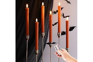 Eywamage Orange Dripping Wax Flameless Taper Candles with Remote Set of 6, Flickering LED Wax Candlesticks Halloween Decor