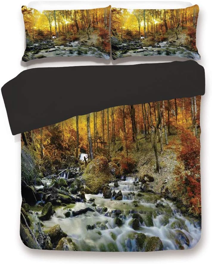 Black 3pc Bedding Set,Autumn River Creek Forest Falling Leaves Rocks Trees Foliage Sunbeams Branches King Size Duvet Cover Set,Printed Comforter Cover with 2 Pillowcases for Teens Boys Man