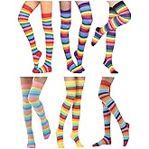 Awlsyj 6 Pair Rainbow Stripes Knee High Socks Long Thigh Socks Halloween Witch Cosplay Stocking Women Girls