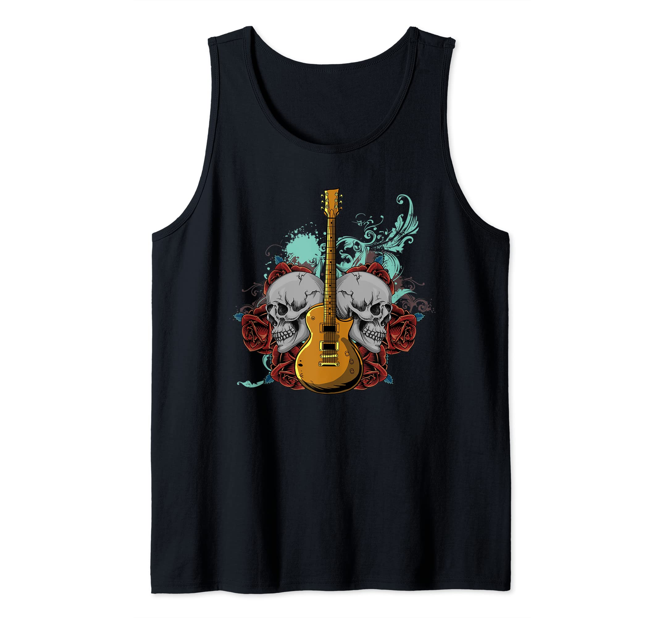 Electric Guitar Skull Red Roses - E-Guitar Rock Guitarist Tank Top