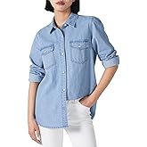 HISEA Women's Denim Button Down Shirt with Long Sleeve, Blue Jean Lightweight Shacket for Women, Womens Washed Chambray Coat