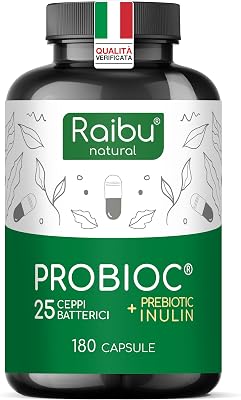 Probiotici Fermenti Lattici per Intestino - 180 Capsule, 25 Ceppi Batterici con Inulina, 60 Miliardi UFC - Resistenti ai Succhi Gastrici, Alta Dosaggio & Inclusi Lactobacillus e Bifidobatteri - Raibu
