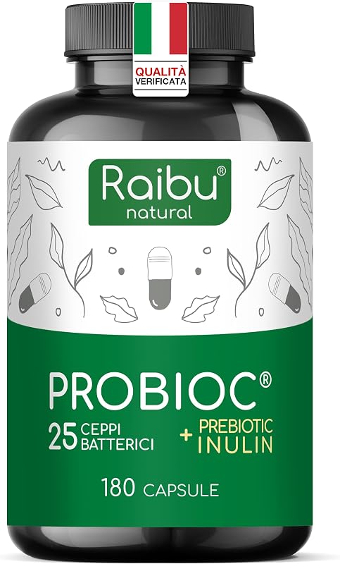 Probiotici Fermenti Lattici per Intestino - 180 Capsule, 25 Ceppi Batterici con Inulina, 60 Miliardi UFC - Resistenti ai Succhi Gastrici, Alta Dosaggio & Inclusi Lactobacillus e Bifidobatteri - Raibu