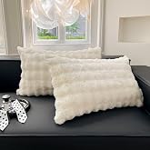 ZIQINPSQ Flannel Pillow Cases Standard Size Set of 2, Ultra Soft Faux Rabbit Fur with Plaid Pattern, 20x30 Inches, Warm and Cozy Boho Style Pillow Covers with Zipper Closure,White