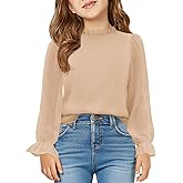 Haloumoning Girls Long Sleeve Shirts Chiffon Blouses Kids Cute Puff Sleeve Ruffle Mock Neck Casual Tops 5-14 Years