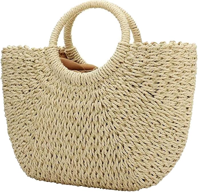 Handwoven Rattan Bag for Women, Handmade Handbag Purse Straw Bag Beige