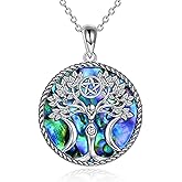 YAFEINI Tree of Life Necklace Sterling Silver Pentagram Pentacle Triple Moon Goddess Pendant Necklace Pagan Wiccan Magic Amulet Jewelry for Women Men